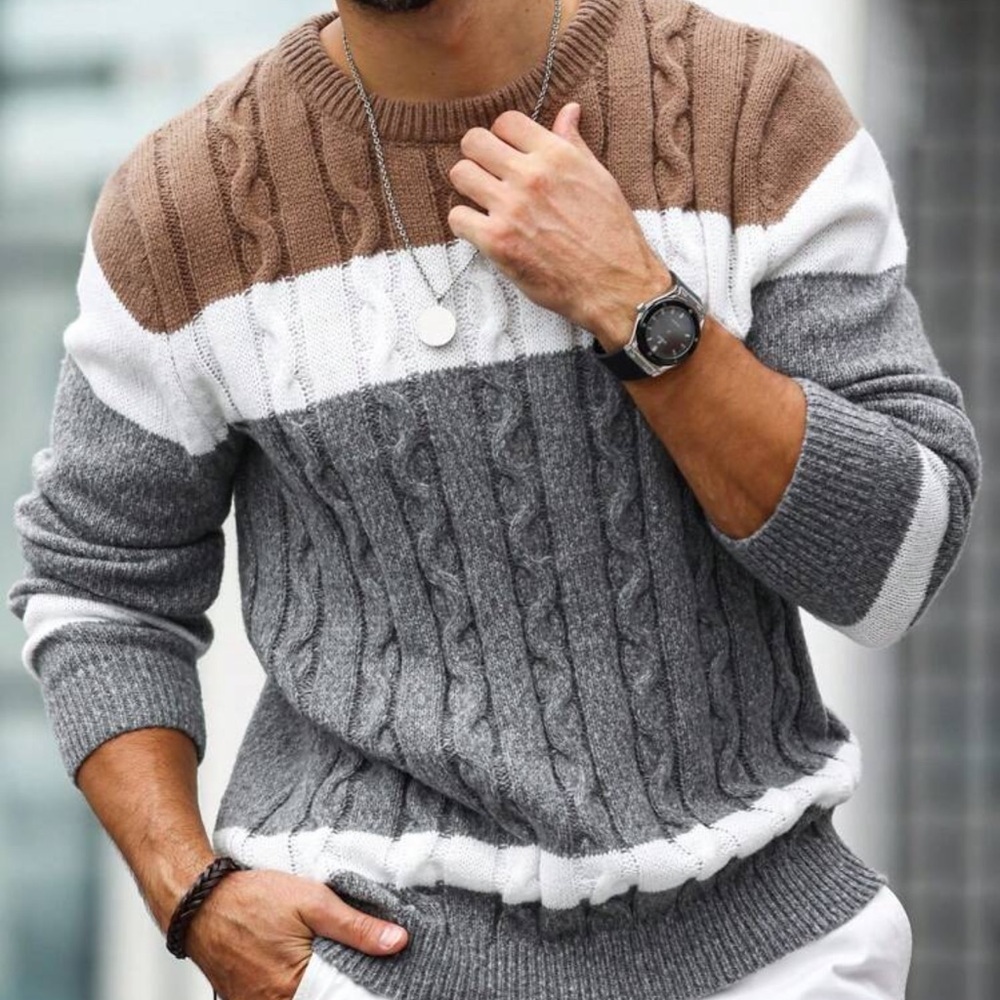 Manfinity Homme Men's Color Blocking Cable Knitted Sweater , Crew Neck